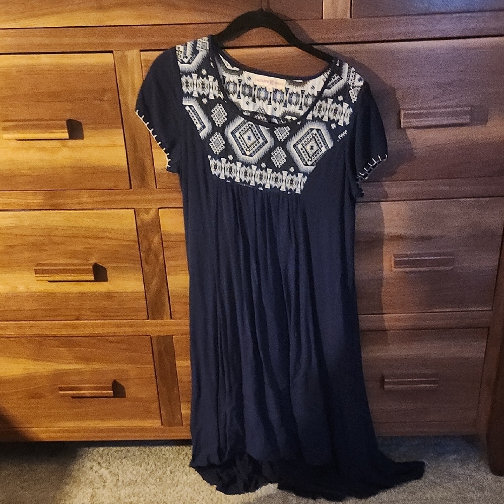 Altar'd State Bohemian Loose Flowy Blue  Maxi Dress W/ Cap Sleeves Keyhole Back